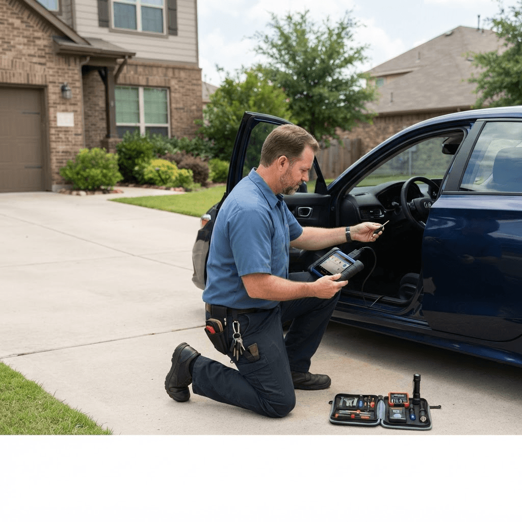 Professional mobile locksmith working beside a modern vehicle